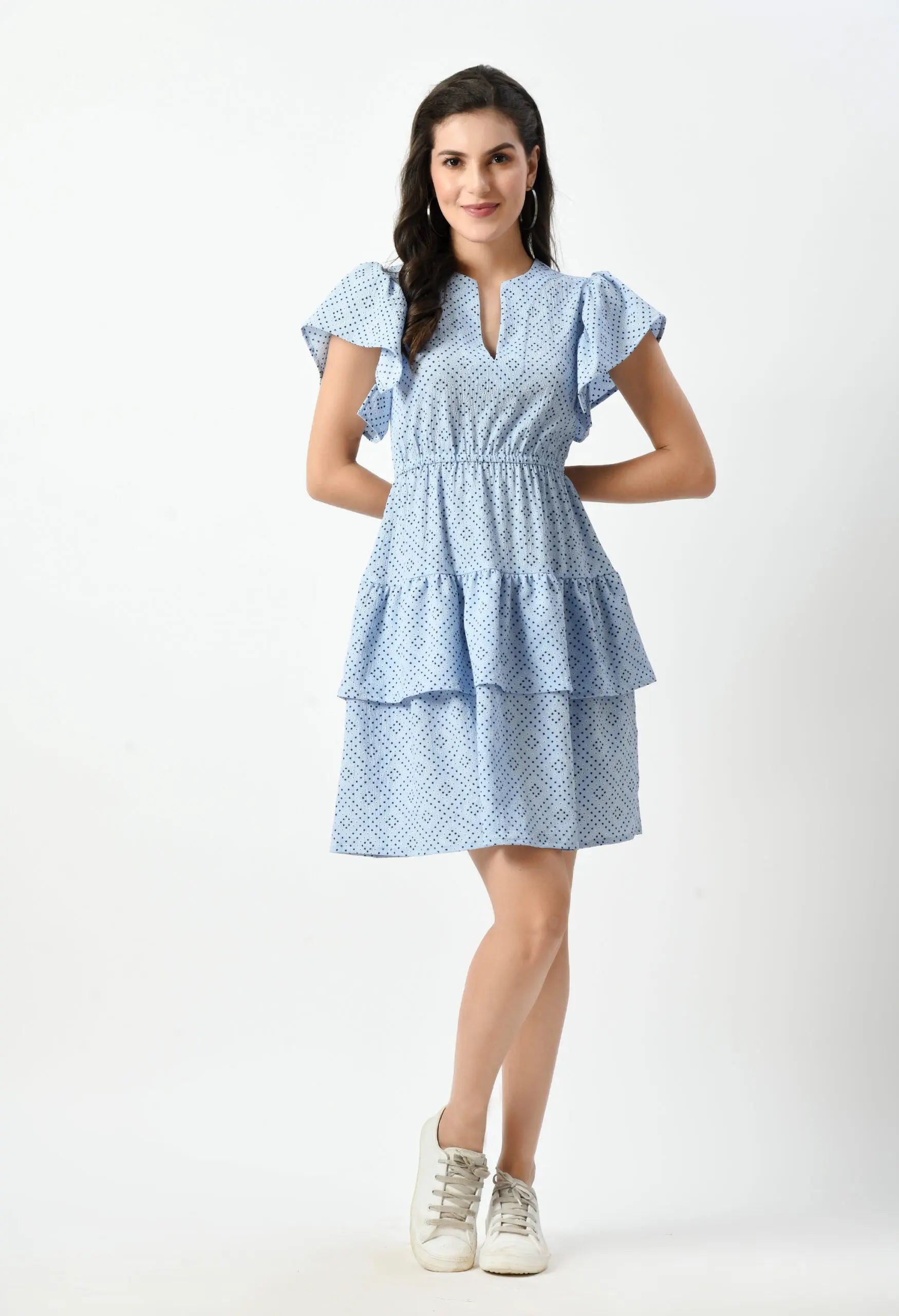Luxurious Blue Tiered Mini Dress - Twisted V-Neck & Ruffled Sleeves hencemade