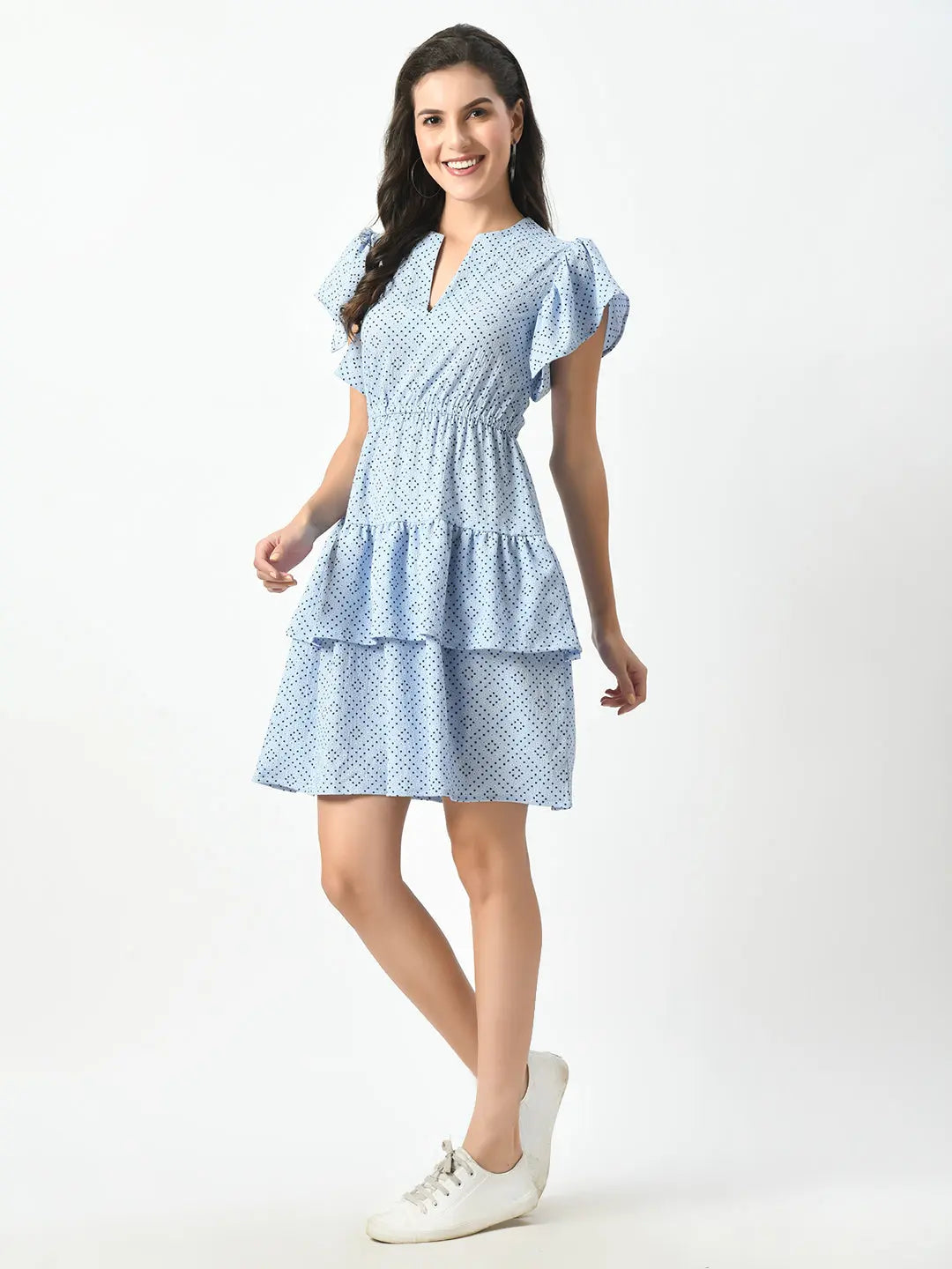Luxurious Blue Tiered Mini Dress - Twisted V-Neck & Ruffled Sleeves hencemade