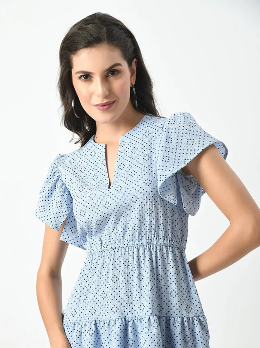 Luxurious Blue Tiered Mini Dress - Twisted V-Neck & Ruffled Sleeves hencemade