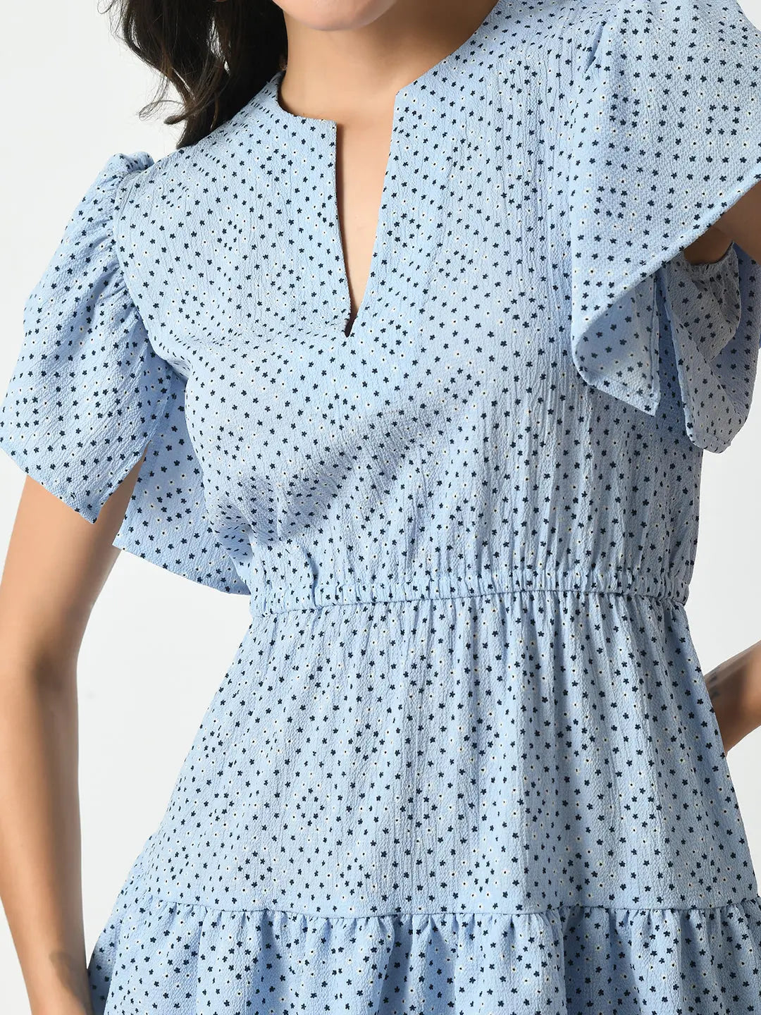 Luxurious Blue Tiered Mini Dress - Twisted V-Neck & Ruffled Sleeves hencemade