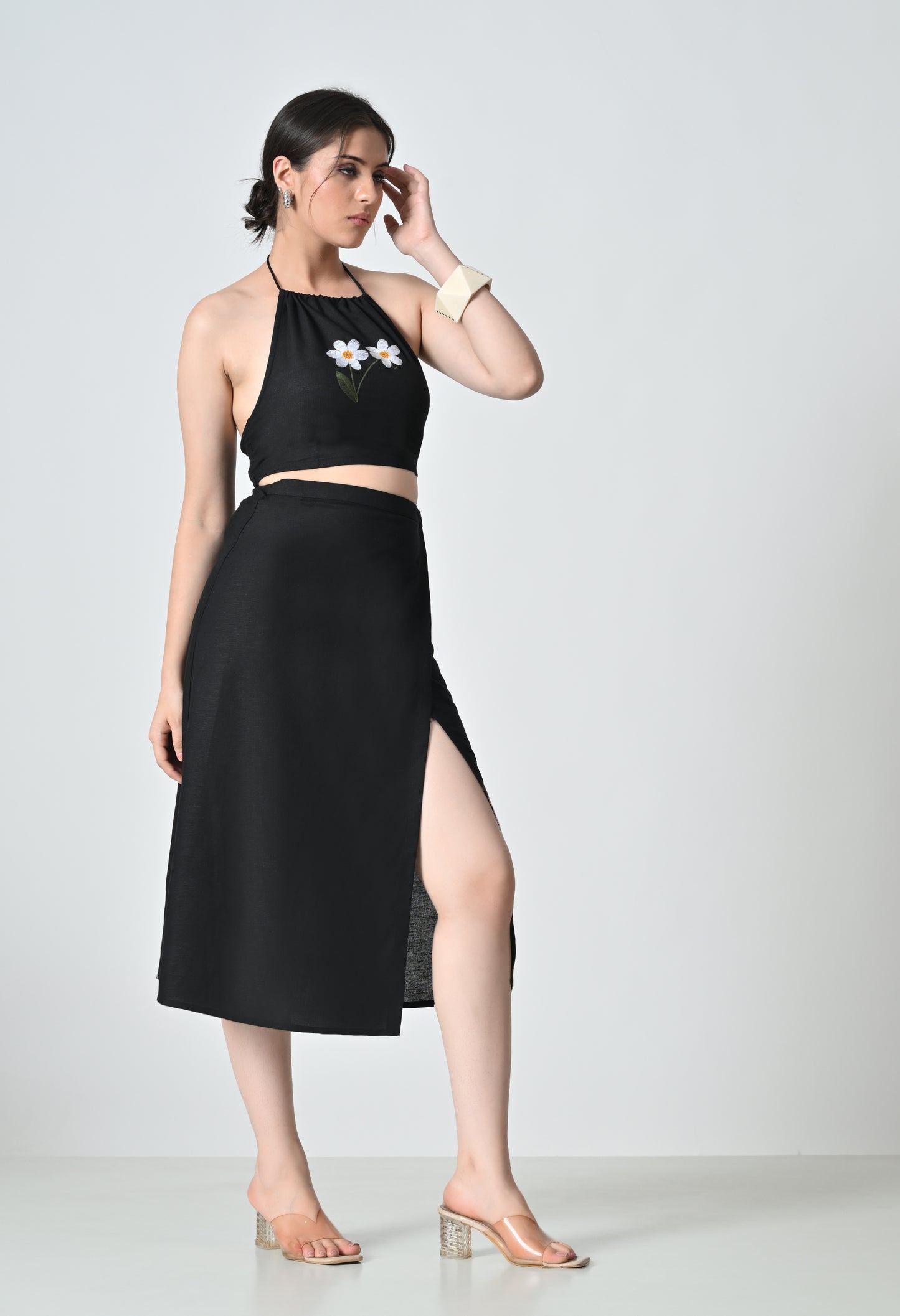 Black Linen Co-ord Set with Floral Embroidered Top