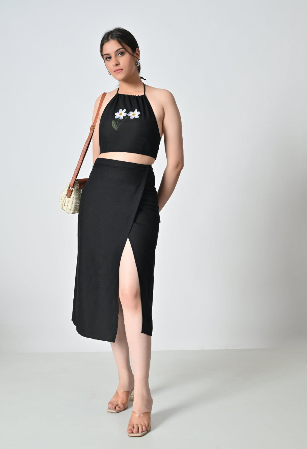 Black Linen Co-ord Set with Floral Embroidered Top - Hencemade