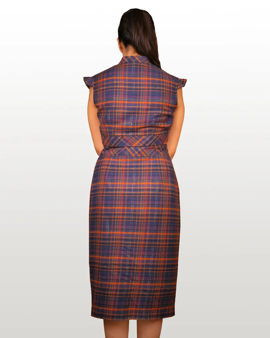 Brown-Blue Checked Cotton Lurex Skirt Set hencemade