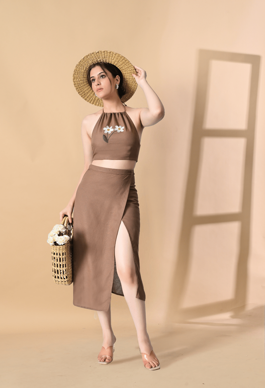 Brown Linen Co-ord Set with Floral Embroidered Top - Hencemade
