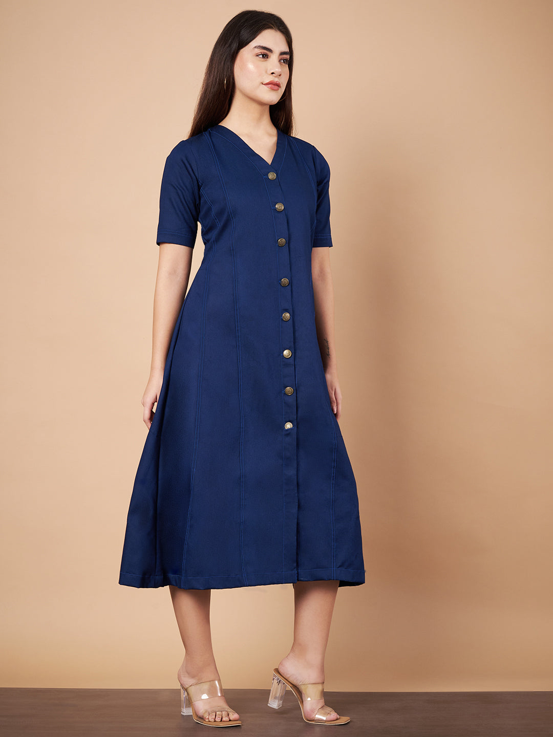 Denim Flared Midi Dresses