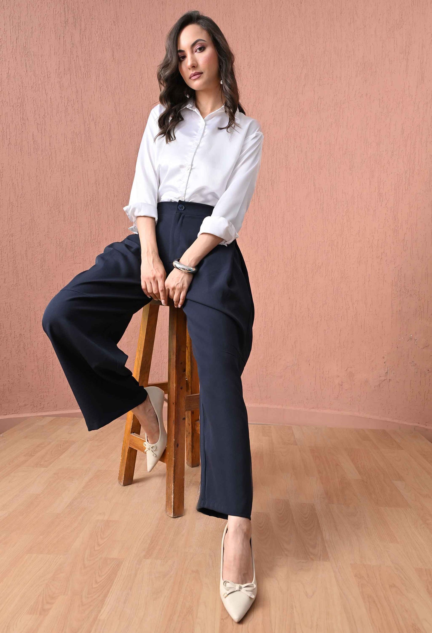 Midnight Navy Tie-Side Barrel-Leg Trousers