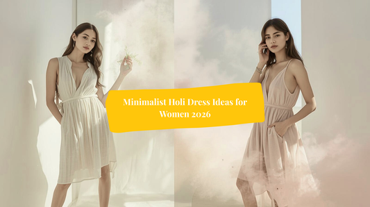 Holi dress ideas for women featuring cotton midi dresses, pastel outfits, and minimalist festival fashion.