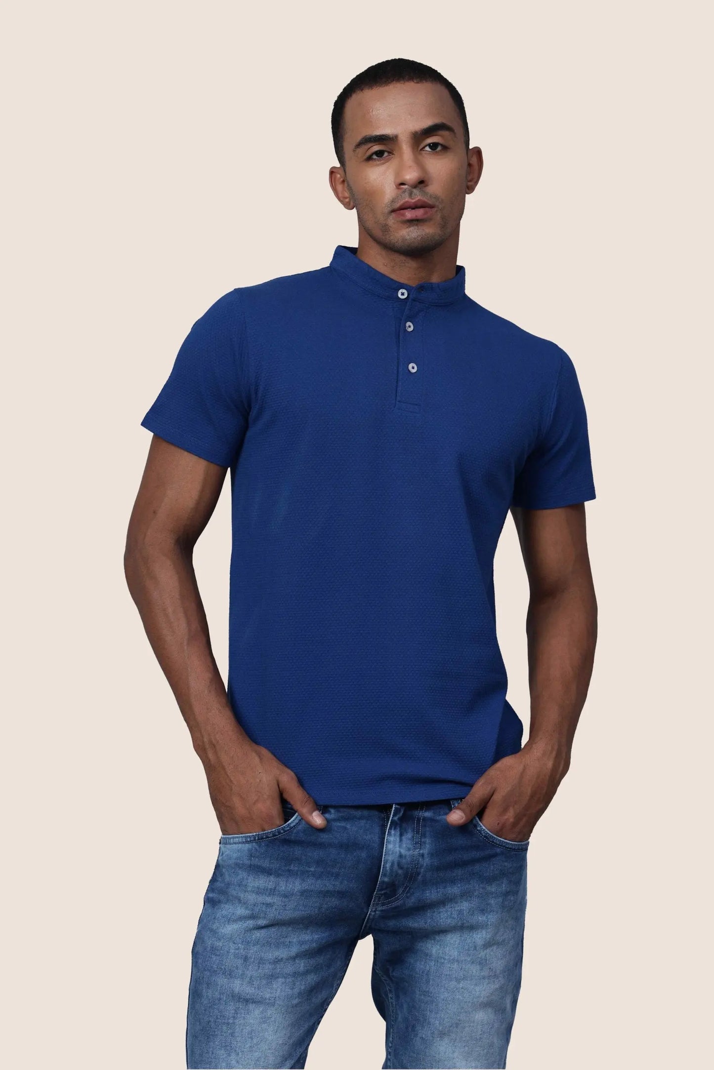 Bright Blue Stand Collar Polo Shirt hencemade