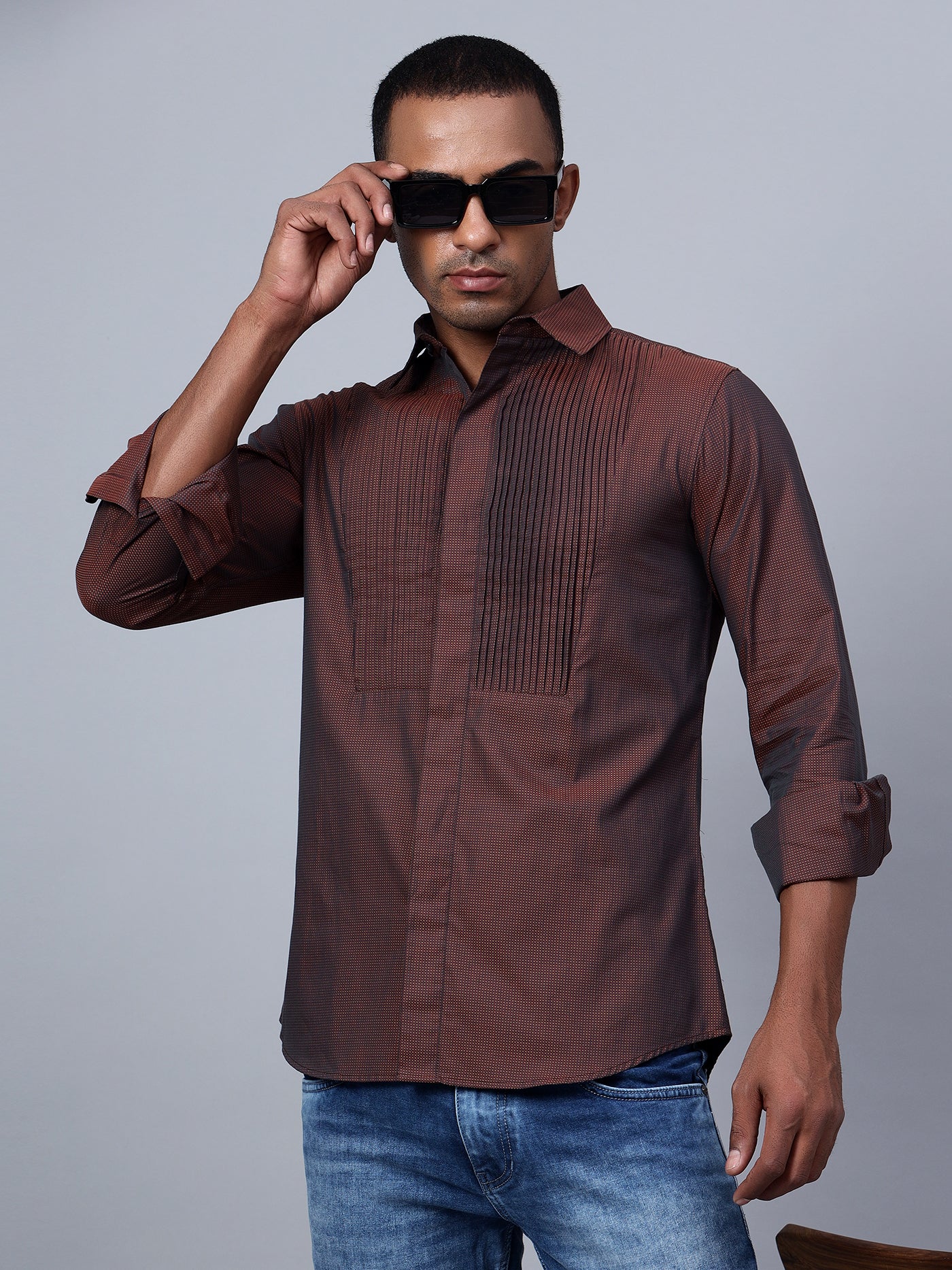 Classic Slim Fit Checks Pin Tucks Cotton Casual Shirt