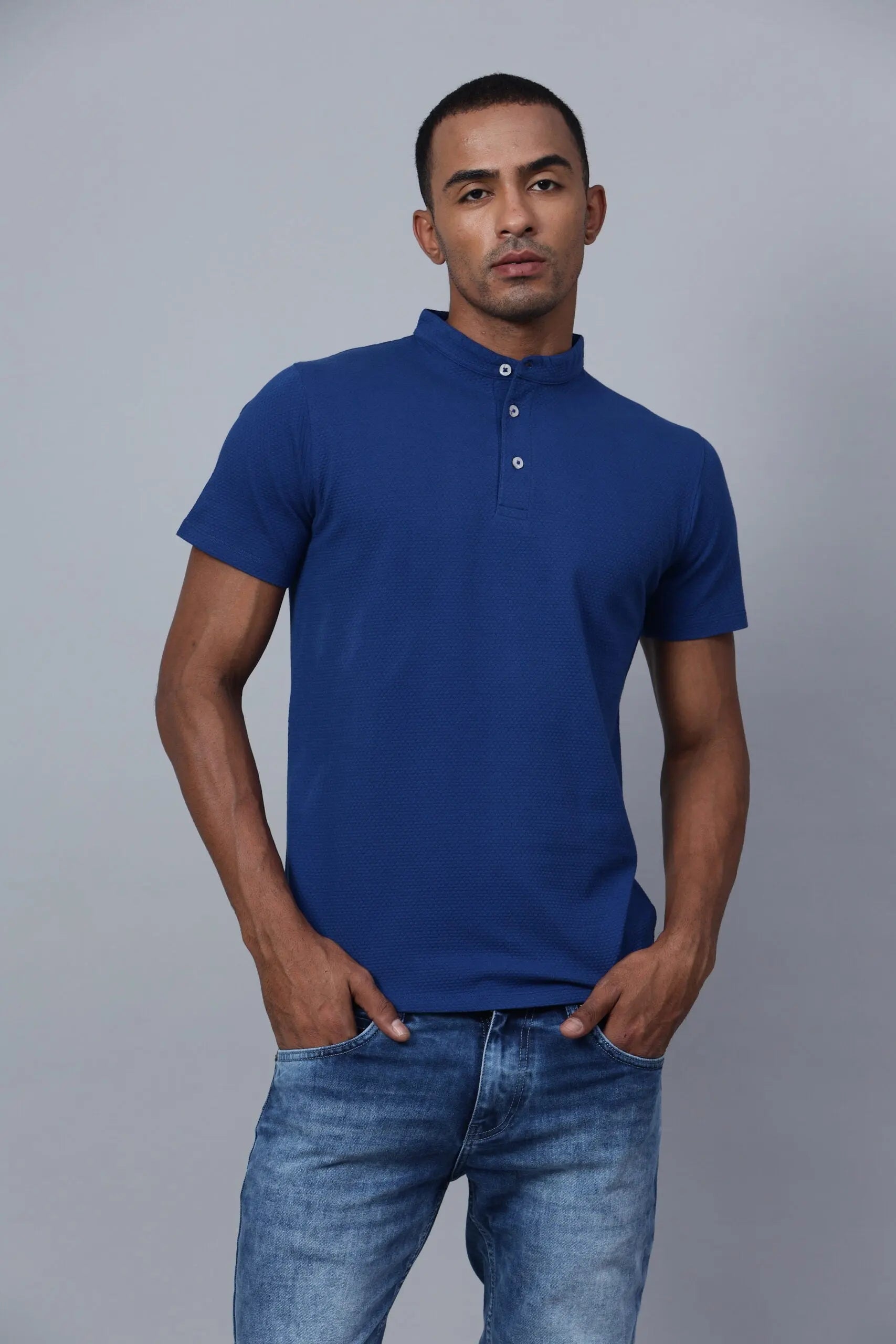 Bright Blue Stand Collar Polo Shirt hencemade