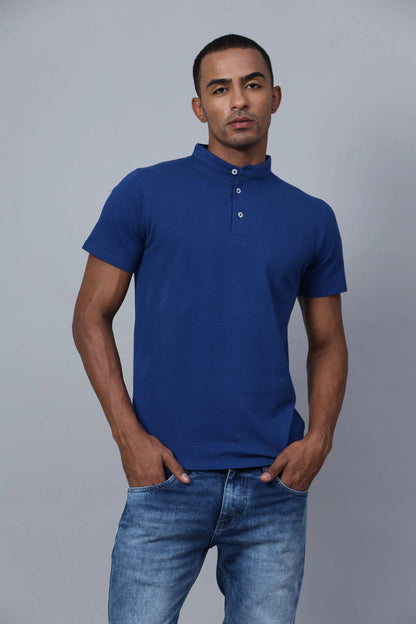 Bright Blue Stand Collar Polo Shirt hencemade