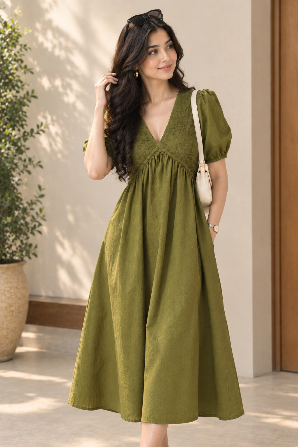 Khaki Shirred V-Neck Midi Dress