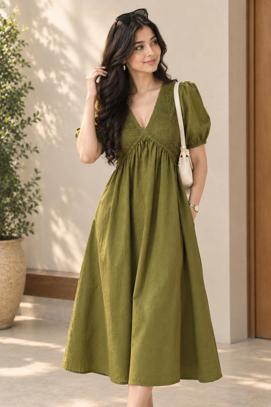 Khaki Shirred V-Neck Midi Dress