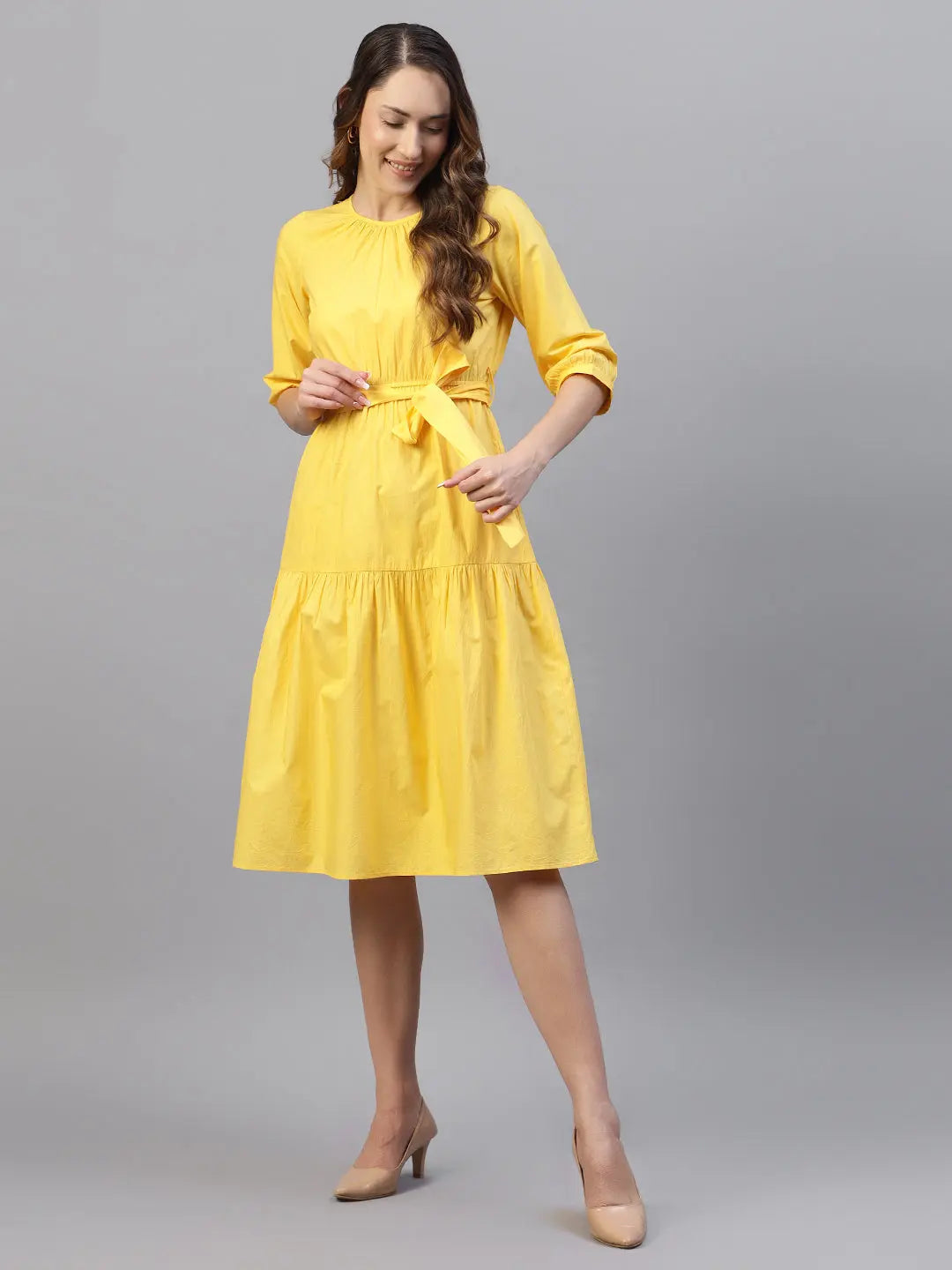 Yellow Poplin Tie Around Cotton Dress HENCEMADE