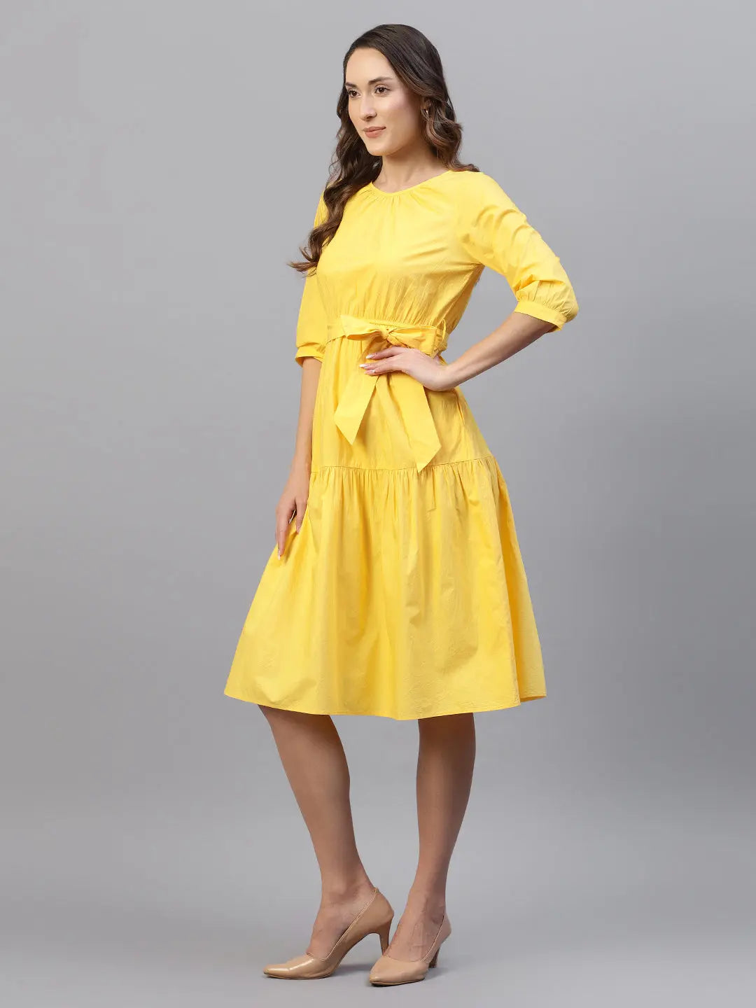 Yellow Poplin Tie Around Cotton Dress HENCEMADE