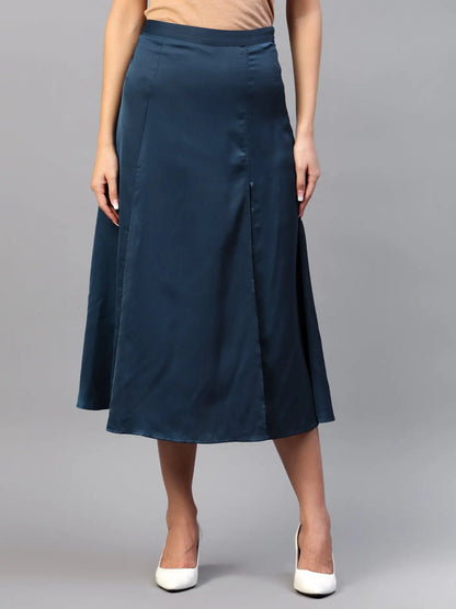 Teal Front Slit Midi A-Line Skirt | Elastic Waistband, Flared Hem hencemade