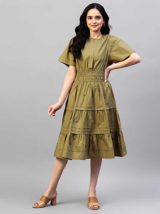 Puff Sleeves Smocked Detailed Tiered Cotton Fit & Flare Midi Dress