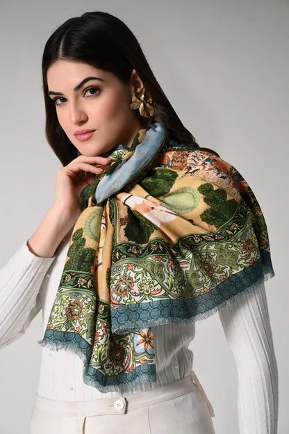 Beige and Blue Mughal Art Scarf Hencemade