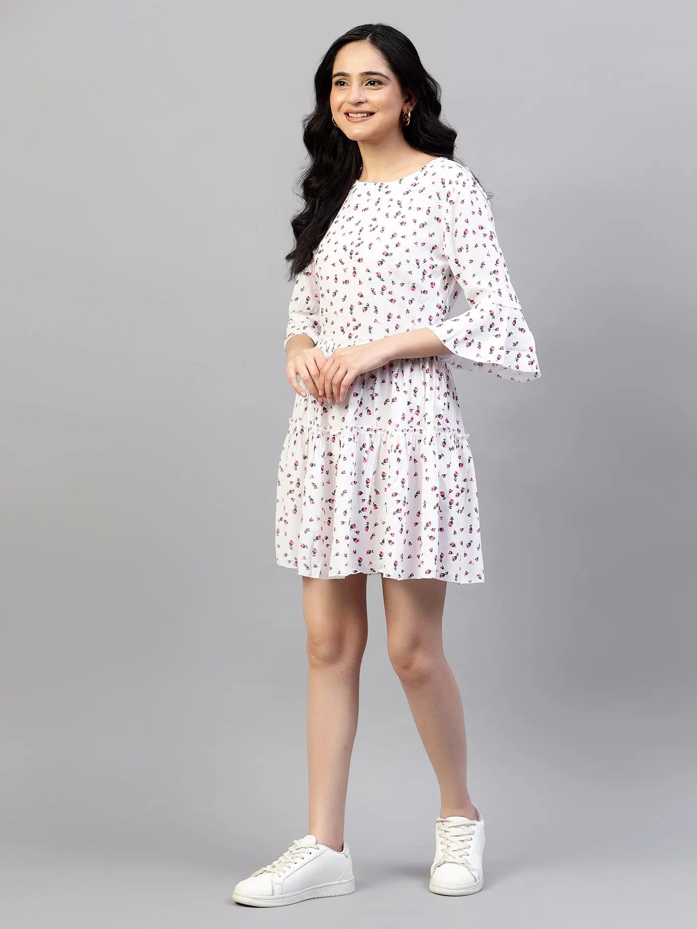 Floral Printed Bell Sleeve Tiered Fit & Flare Dress hencemade