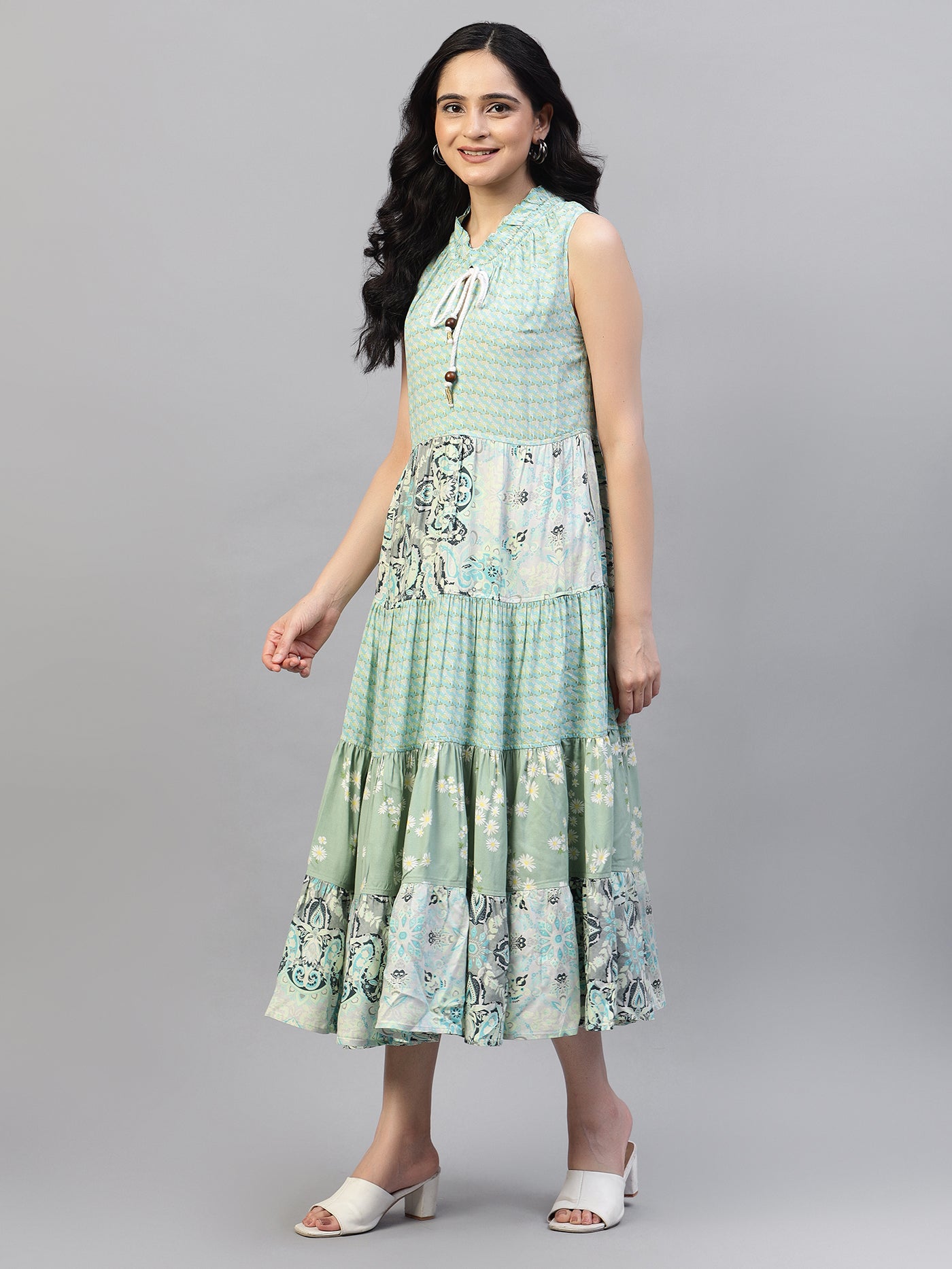 Sea Green Mix and Match Viscose Midi Dress HENCEMADE