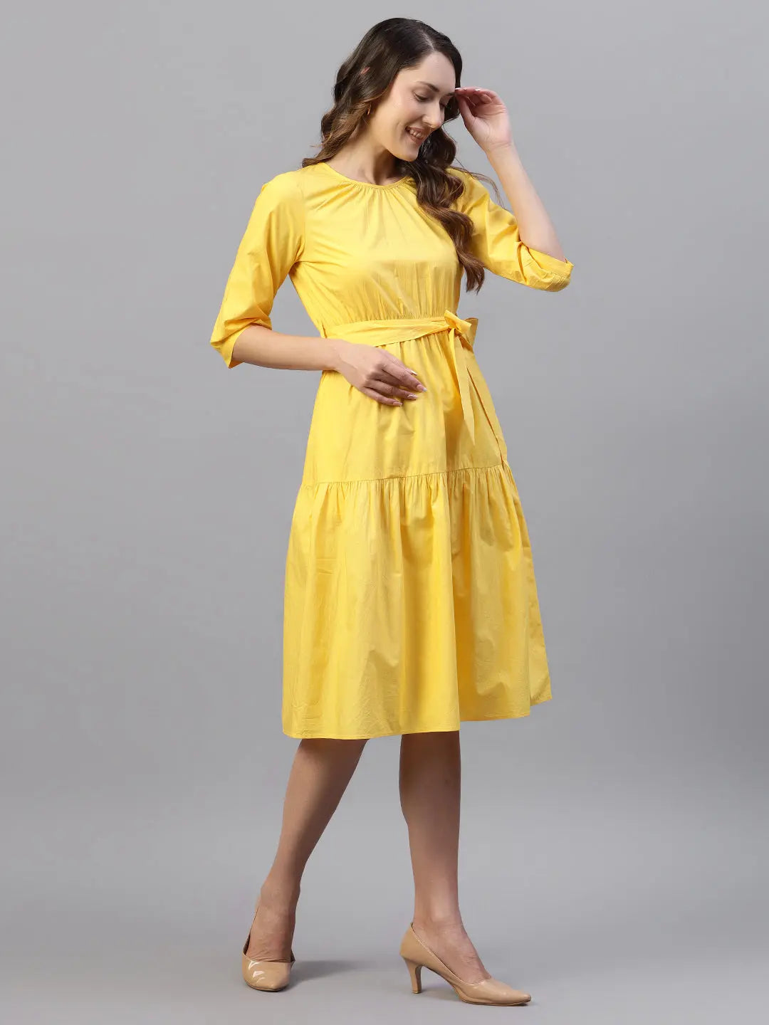 Yellow Poplin Tie Around Cotton Dress HENCEMADE