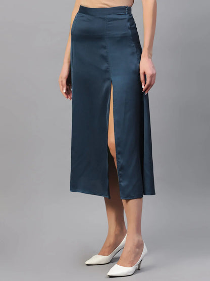 Teal Front Slit Midi A-Line Skirt | Elastic Waistband, Flared Hem hencemade