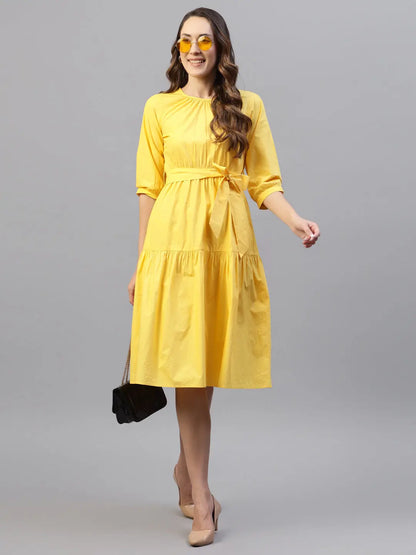 Yellow Poplin Tie Around Cotton Dress HENCEMADE