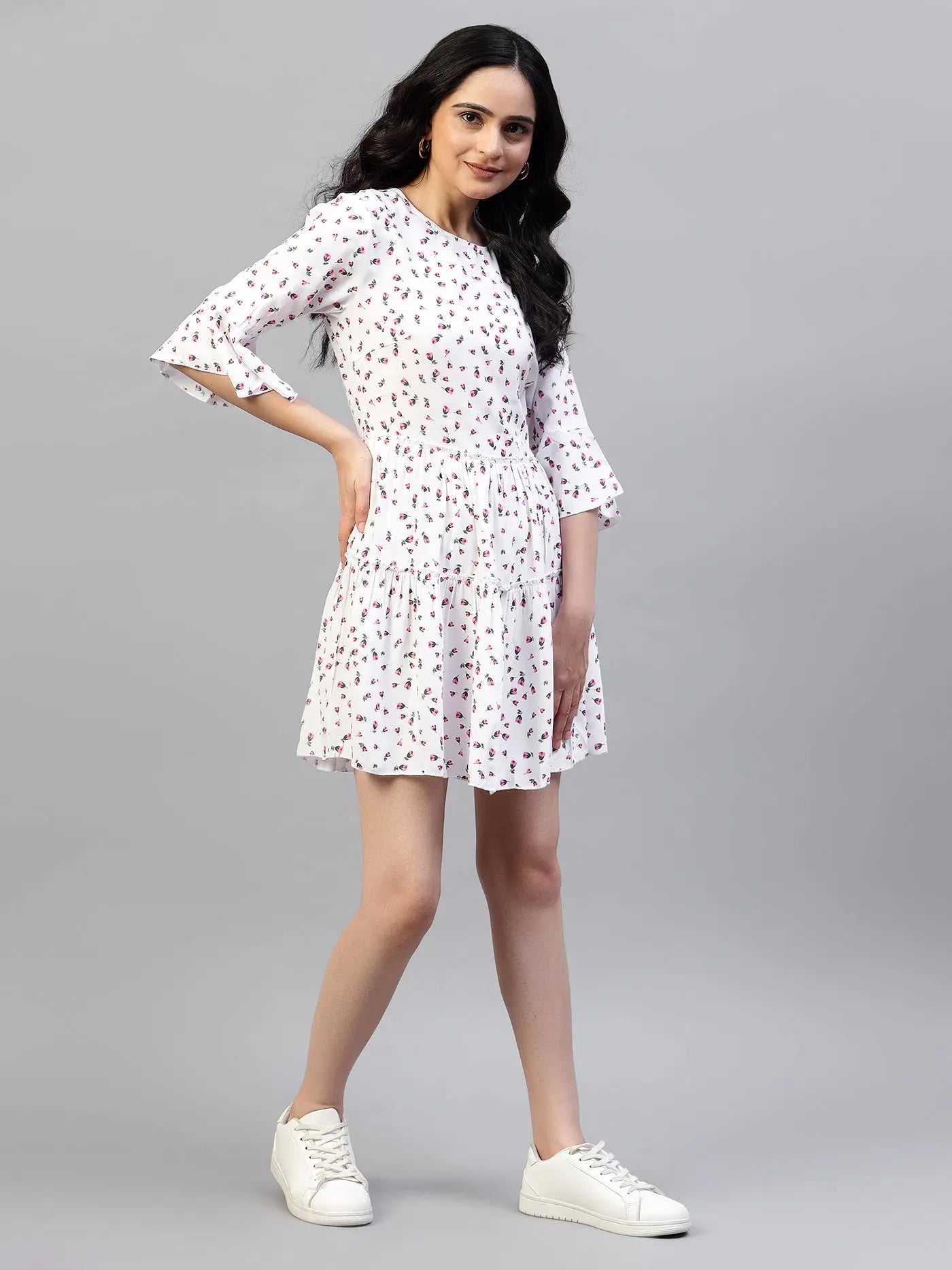 Floral Printed Bell Sleeve Tiered Fit & Flare Dress hencemade