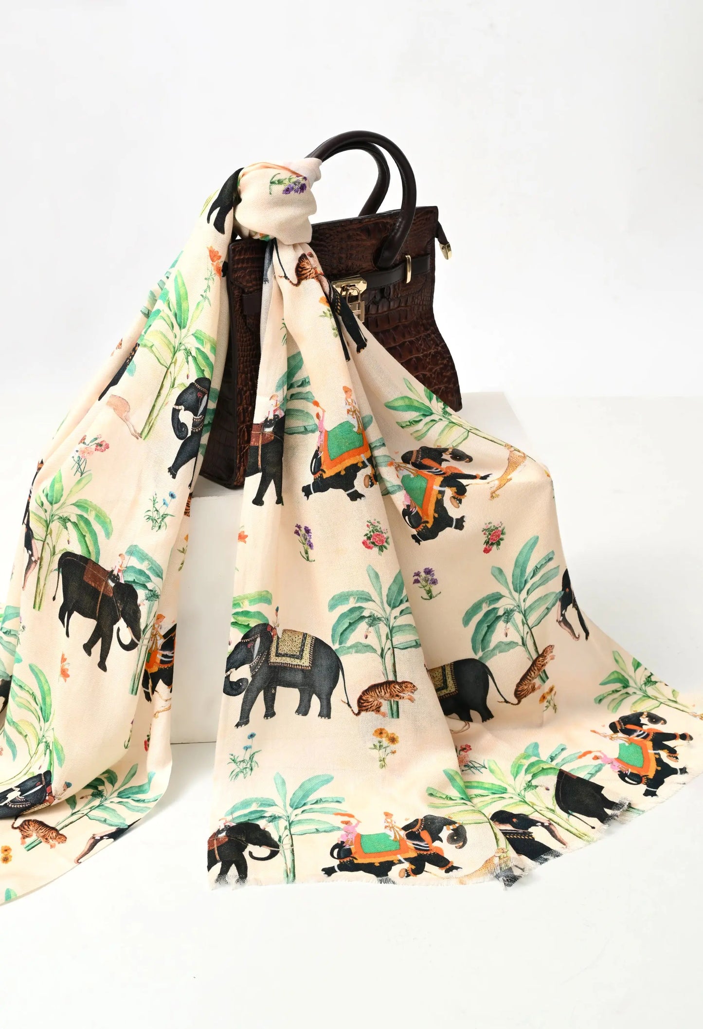 Beige Elephant Tropical Print Fashion Scarf HENCEMADE