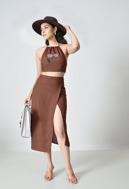Dark Brown Linen Co-ord Set with Floral Embroidered Top