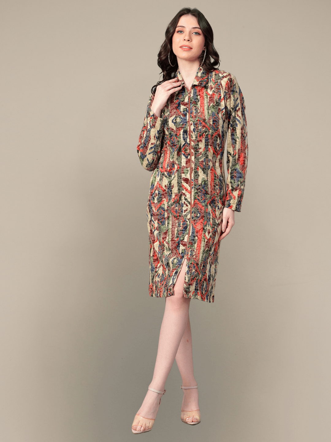 Abstract Printed Zip-up Midi Dress hencemade