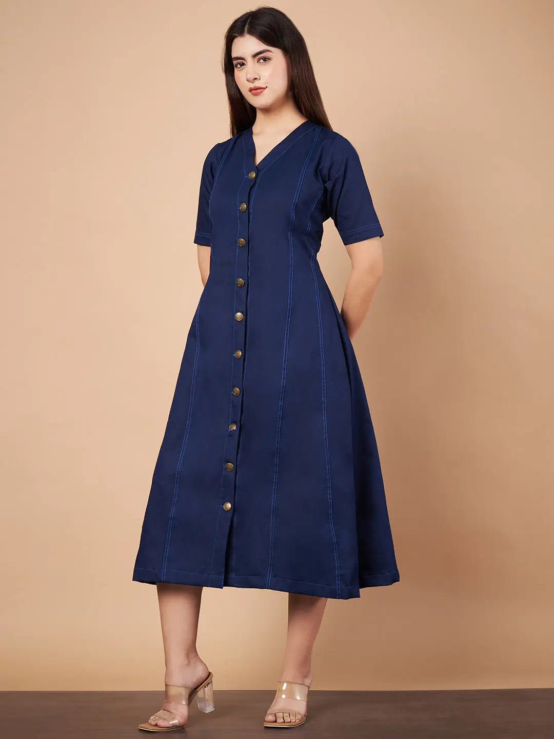 Denim Flared Midi Dresses HENCEMADE