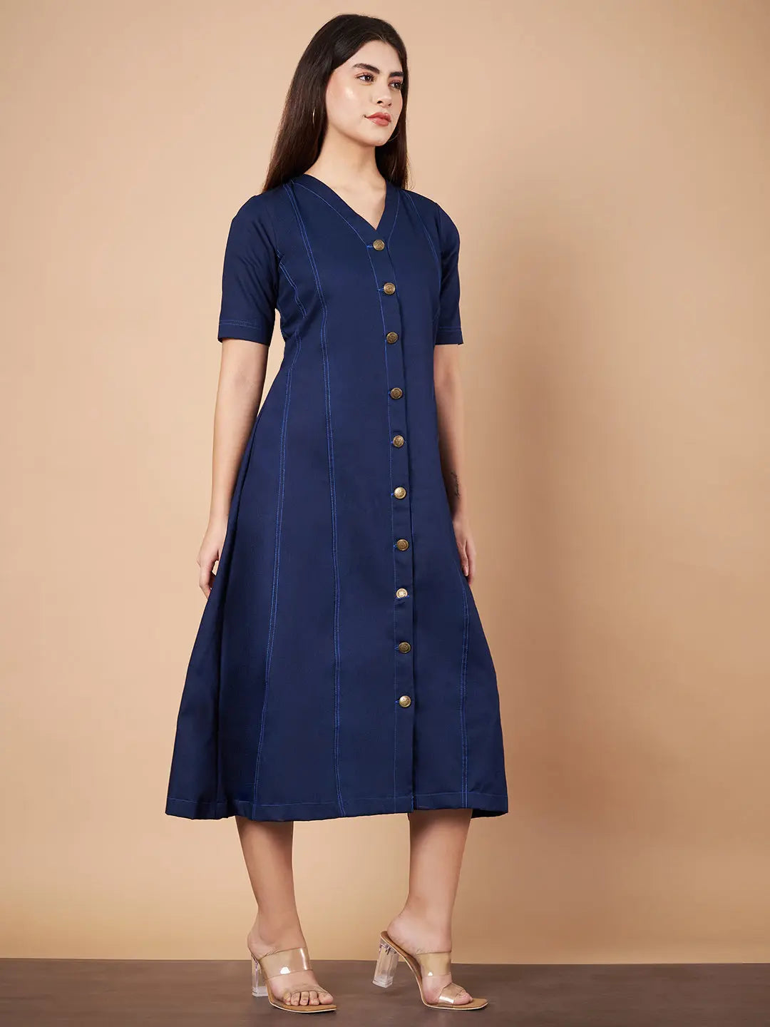 Denim Flared Midi Dresses HENCEMADE