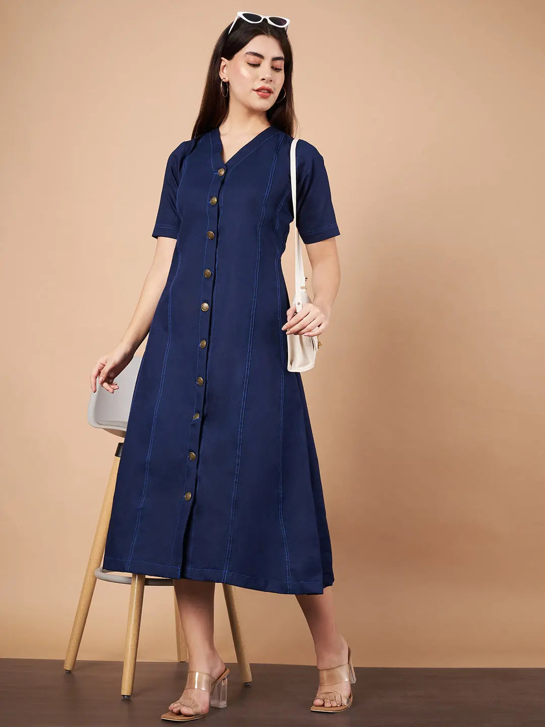 Denim Flared Midi Dresses HENCEMADE