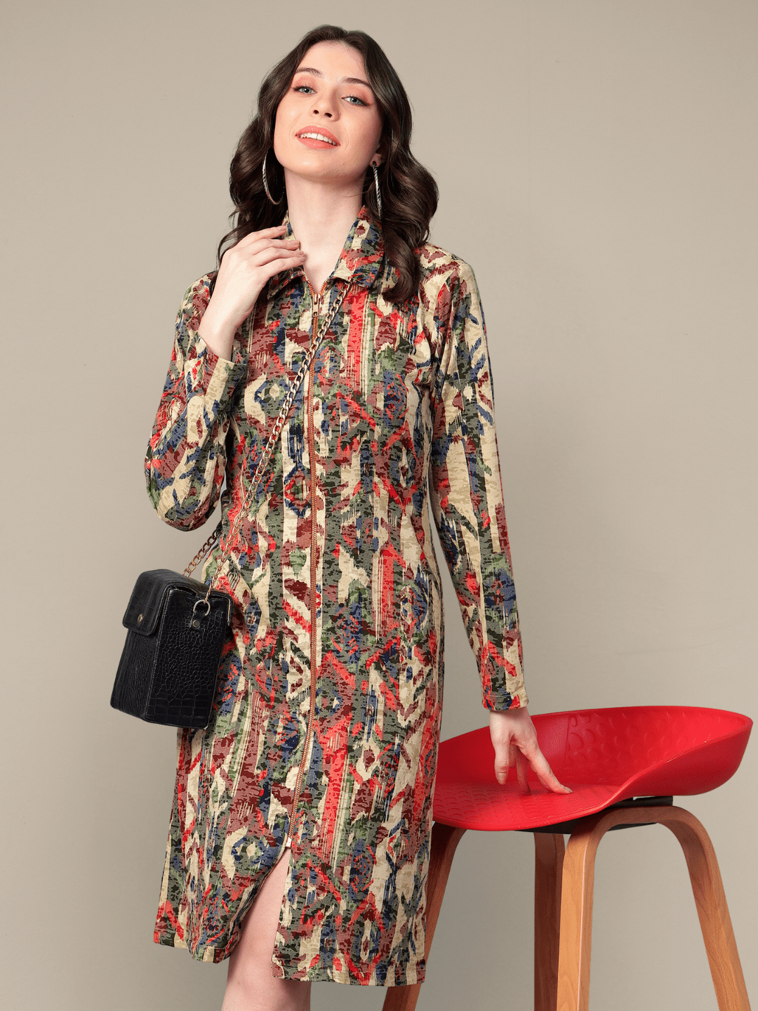 Abstract Printed Zip-up Midi Dress hencemade