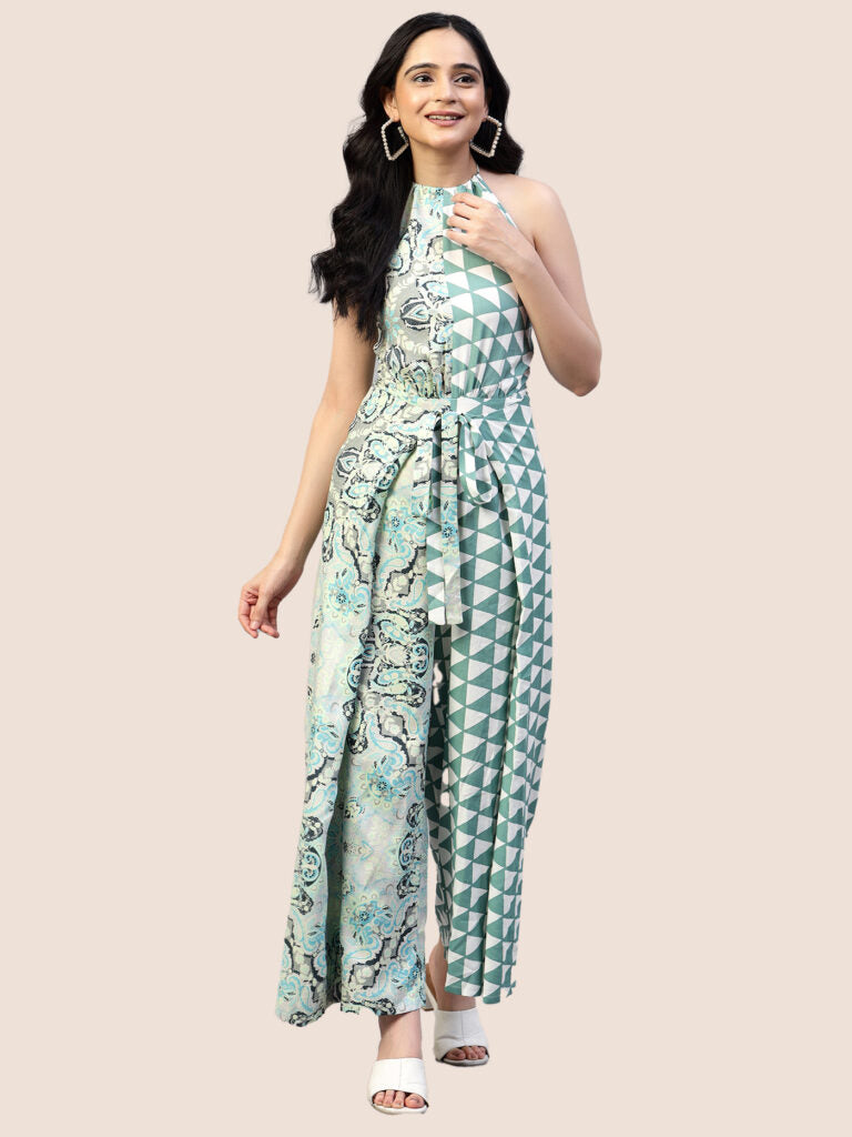 Printed Sea Green Tie Around Backless Jumpsuit hencemade