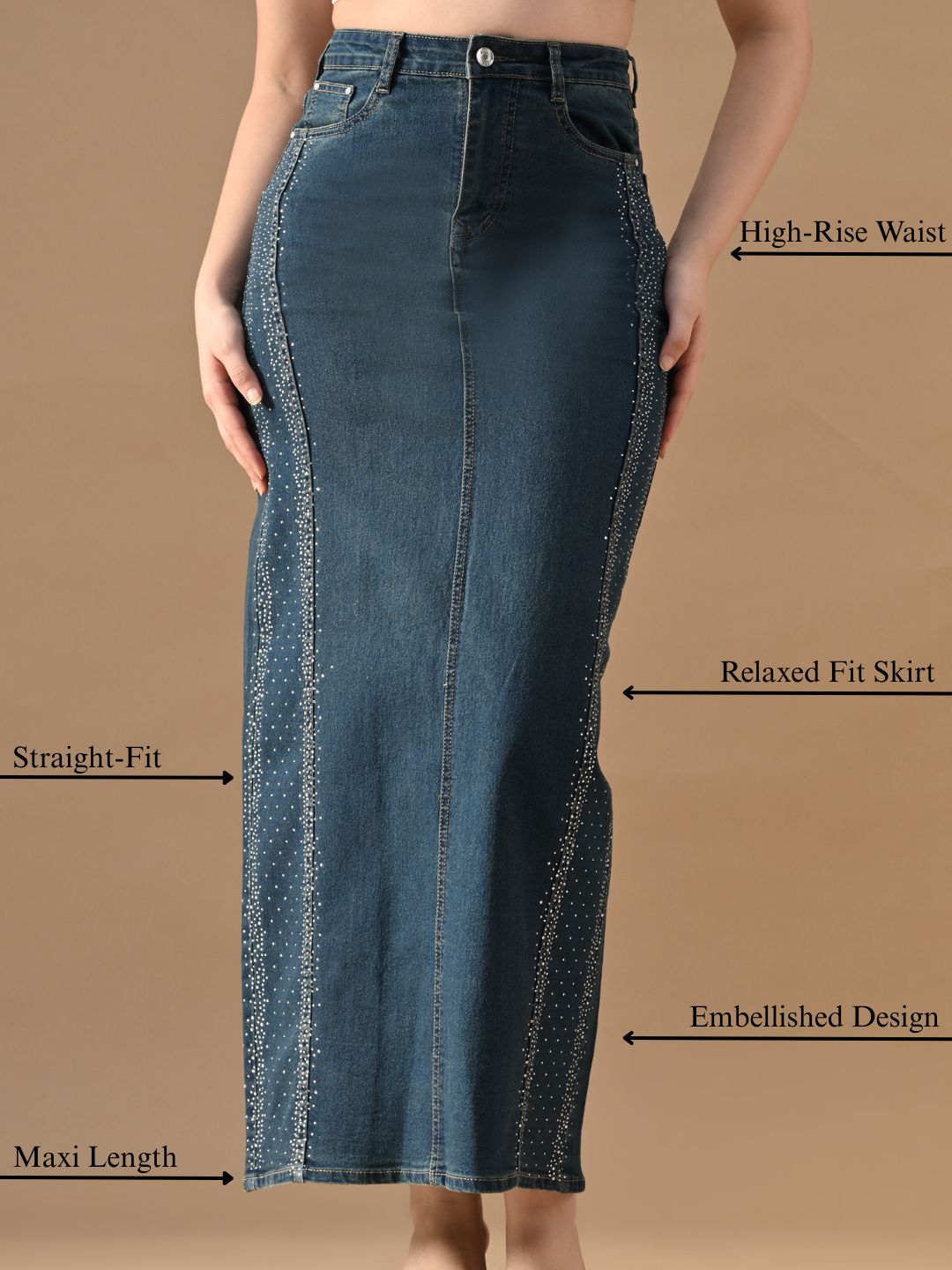 Blue denim skirt with text labels on a beige background