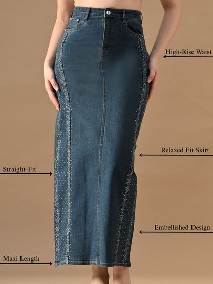 Blue denim skirt with text labels on a beige background
