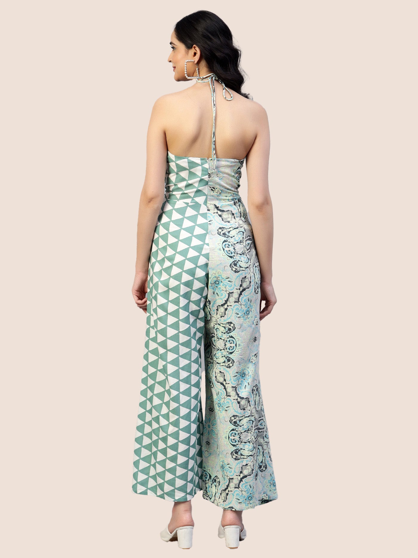 Printed Sea Green Tie Around Backless Jumpsuit hencemade