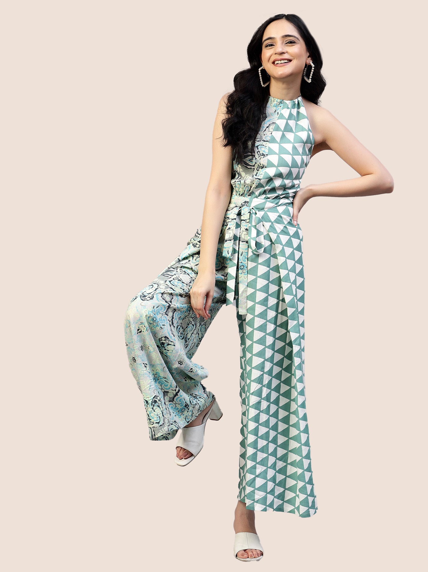 Printed Sea Green Tie Around Backless Jumpsuit hencemade