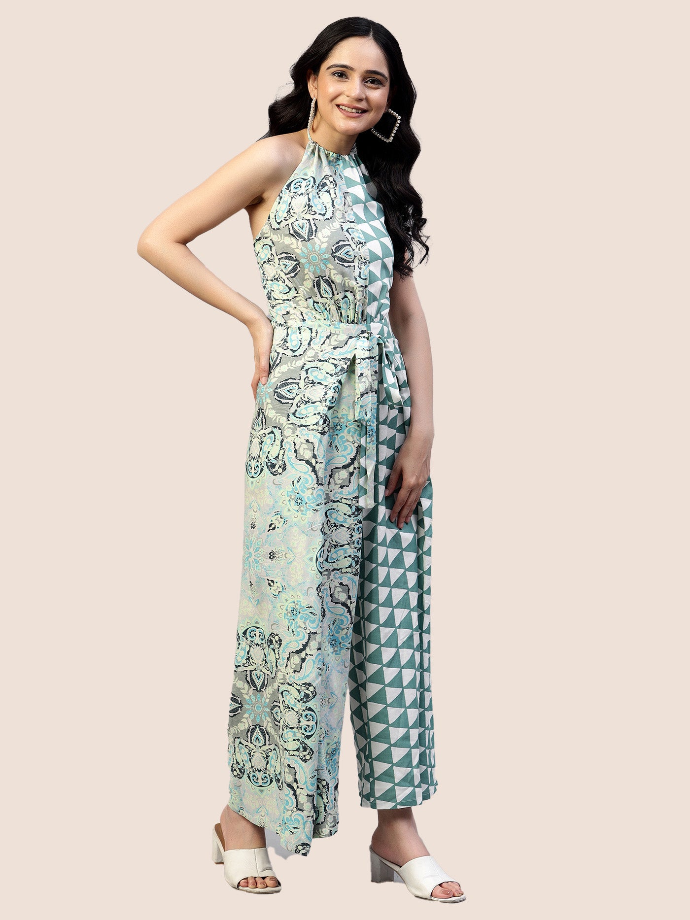 Printed Sea Green Tie Around Backless Jumpsuit hencemade