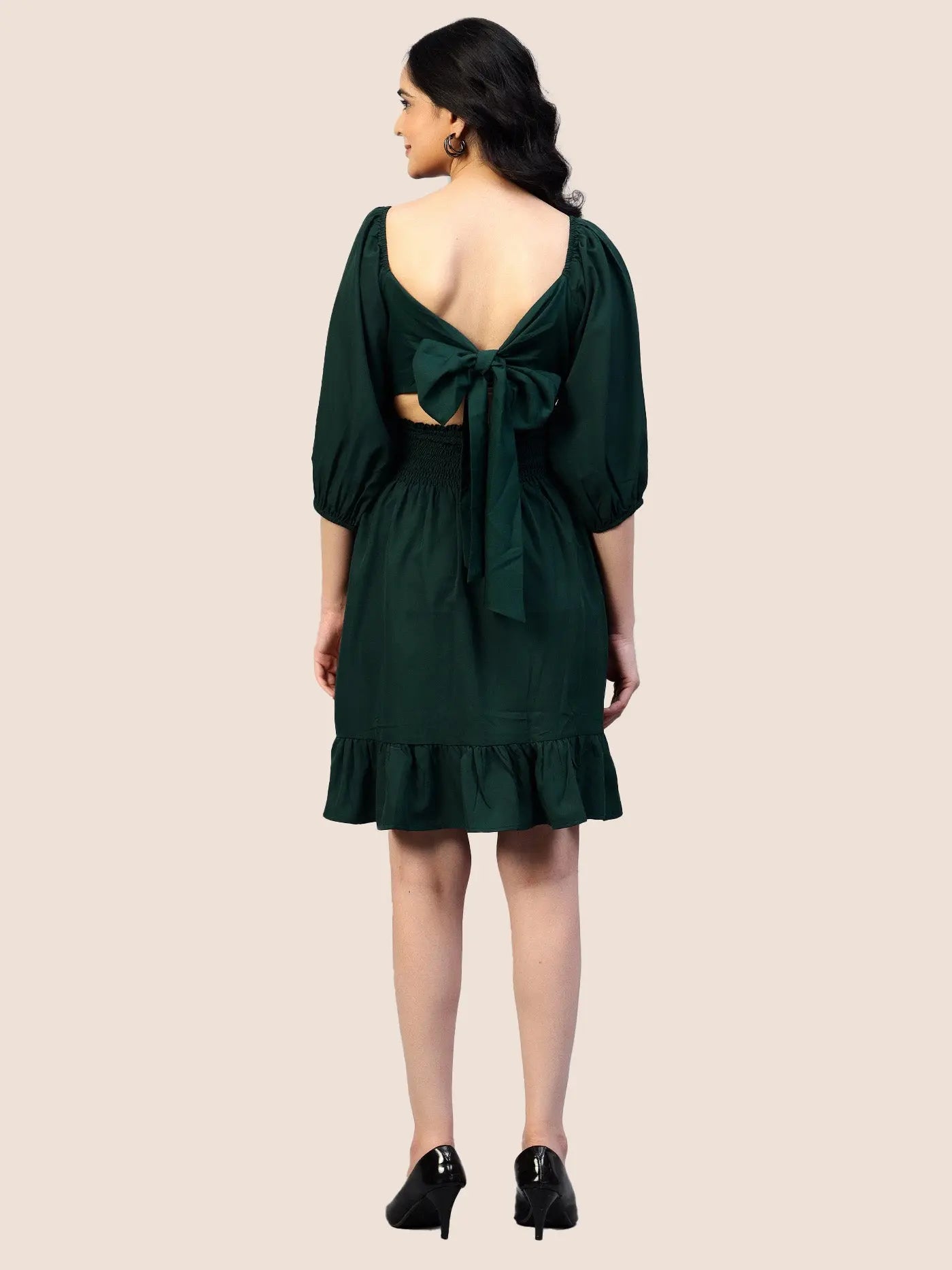 Dark Green Waist Belt Frill Dress hencemade