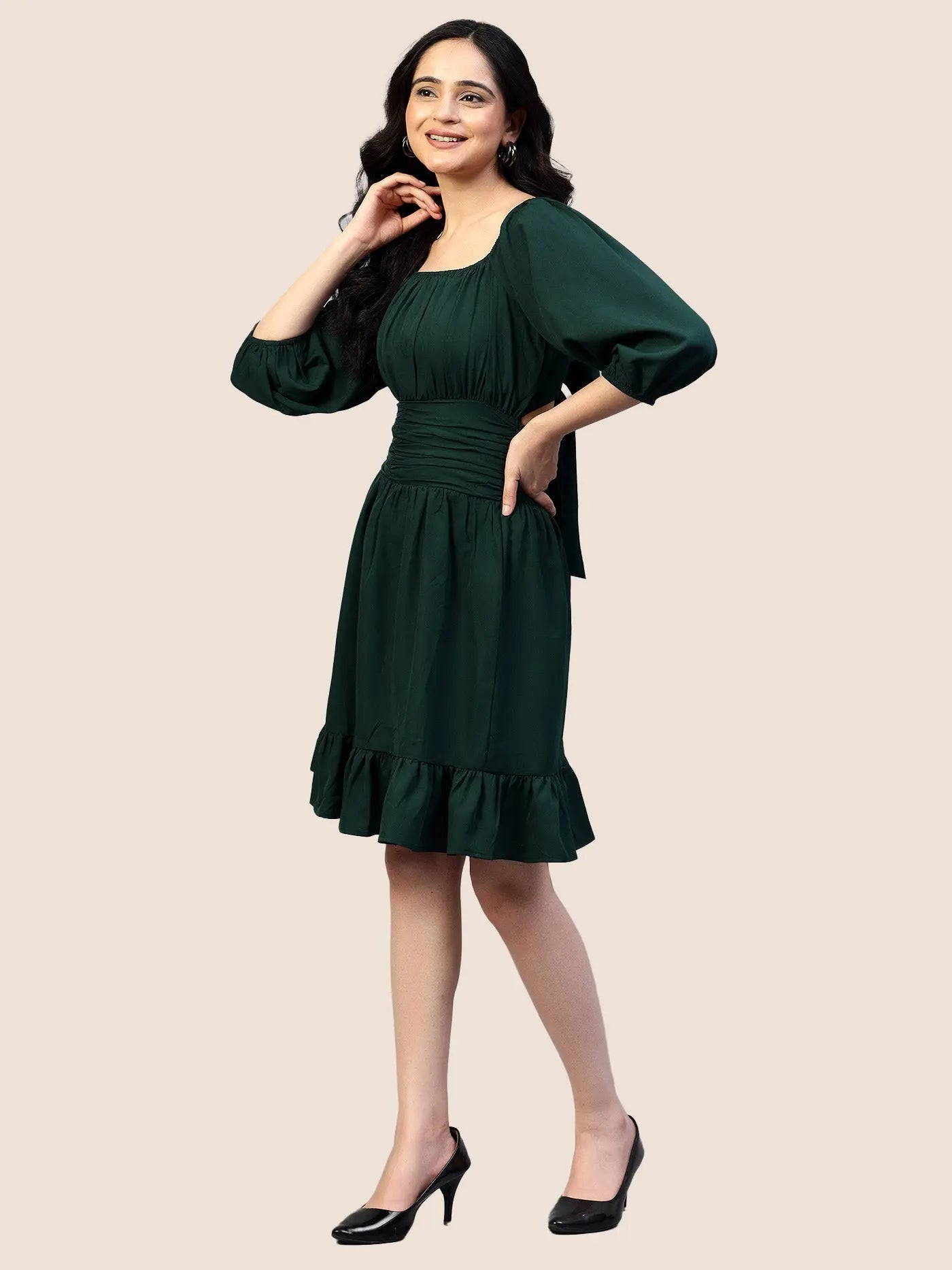 Dark Green Waist Belt Frill Dress hencemade