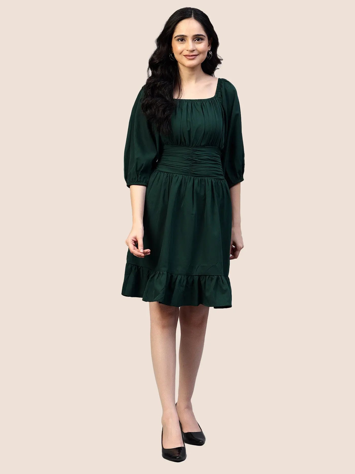 Dark Green Waist Belt Frill Dress hencemade