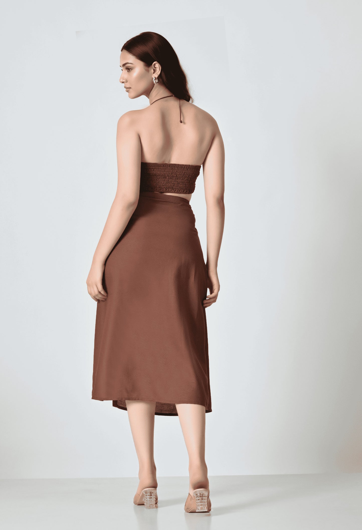 Dark Brown Linen Co-ord Set with Floral Embroidered Top