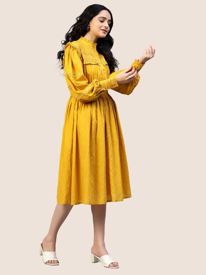 Mustard Yellow Viscose Smocked Waist Dress hencemade