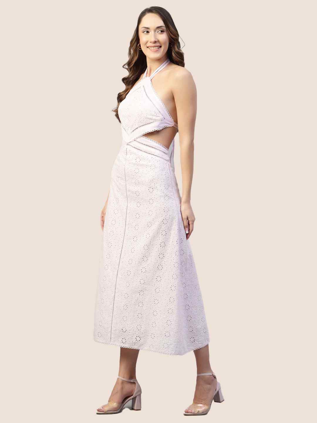 White Schiffli Waist Cutout Dress hencemade