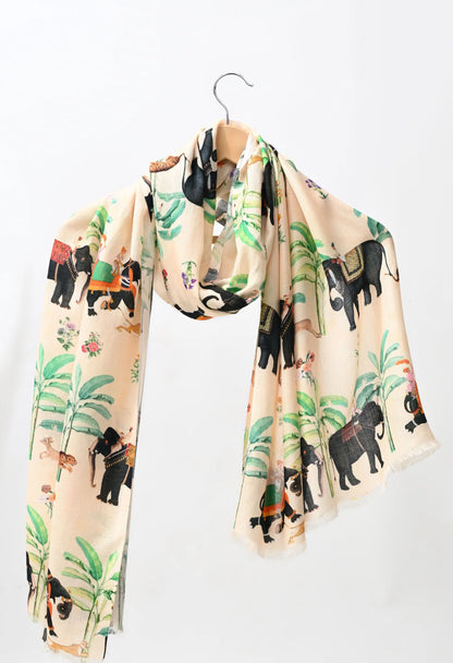 Beige Elephant Tropical Print Fashion Scarf HENCEMADE