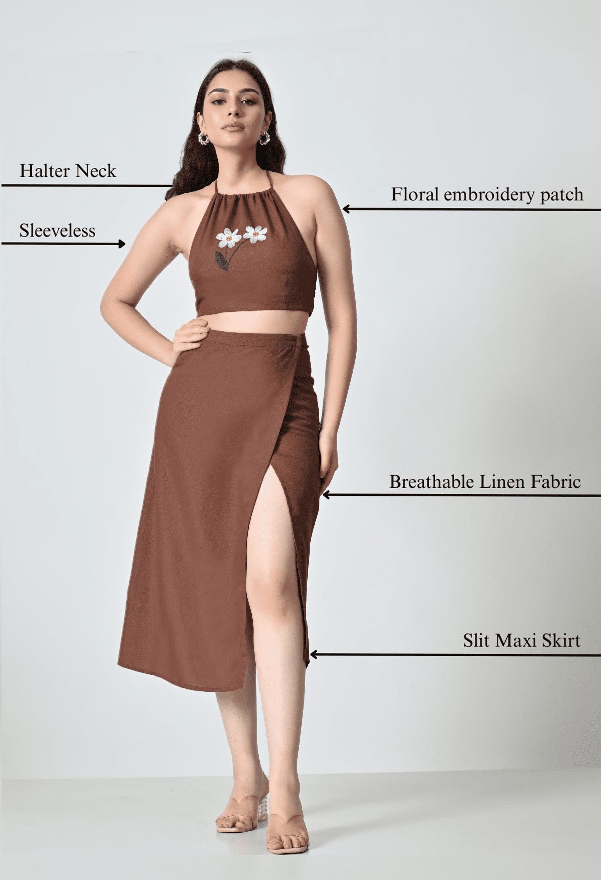Woman wearing a brown halter neck top and slit maxi skirt with text labels on a white background