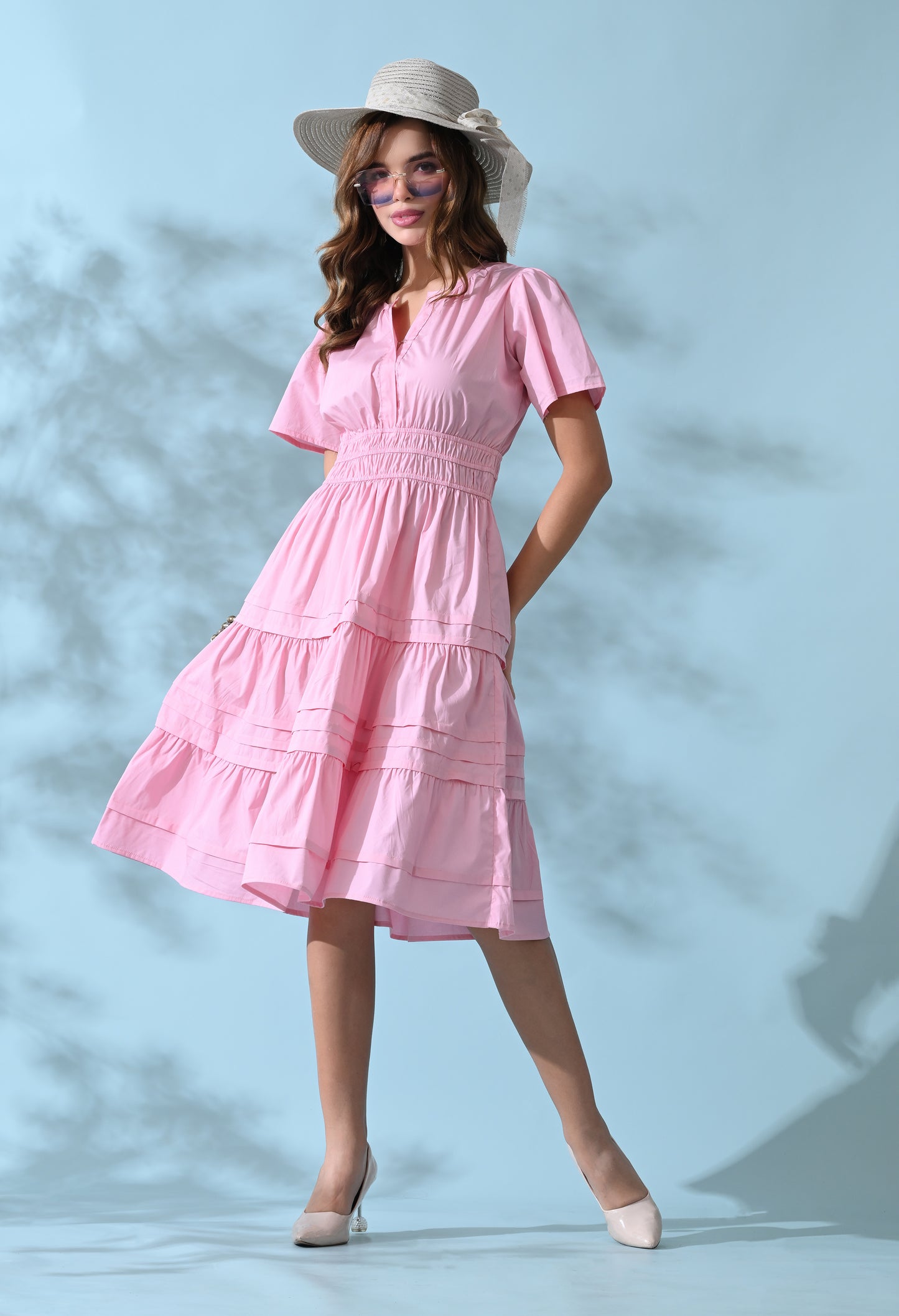 Baby Pink tier Cotton Poplin Dress
